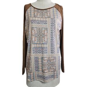 Brown Long Faux Suede Sleeves Baseball Tee   Size Small